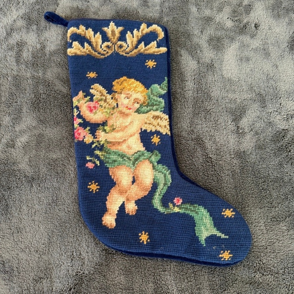 Vintage Imperial Elegance Needlepoint Christmas Stocking Victorian Cherub 1991
